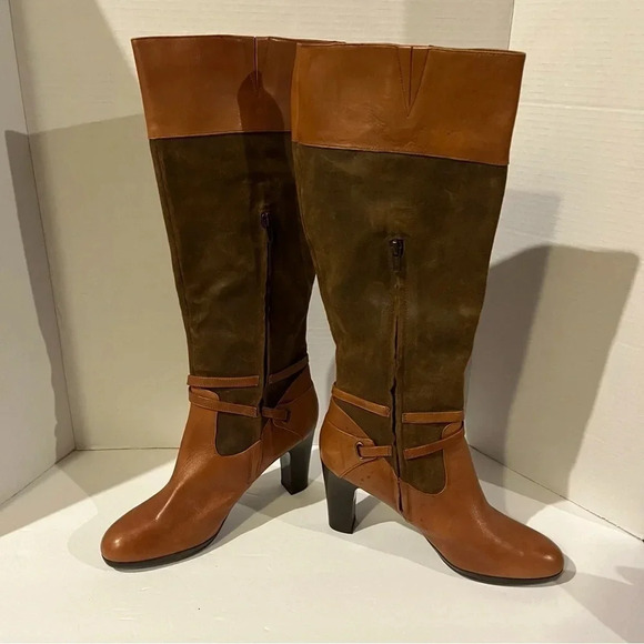 Lauren Ralph Lauren Brown Leather Boots Womens 9B Misa Vachette Suede Tall - Picture 2 of 10